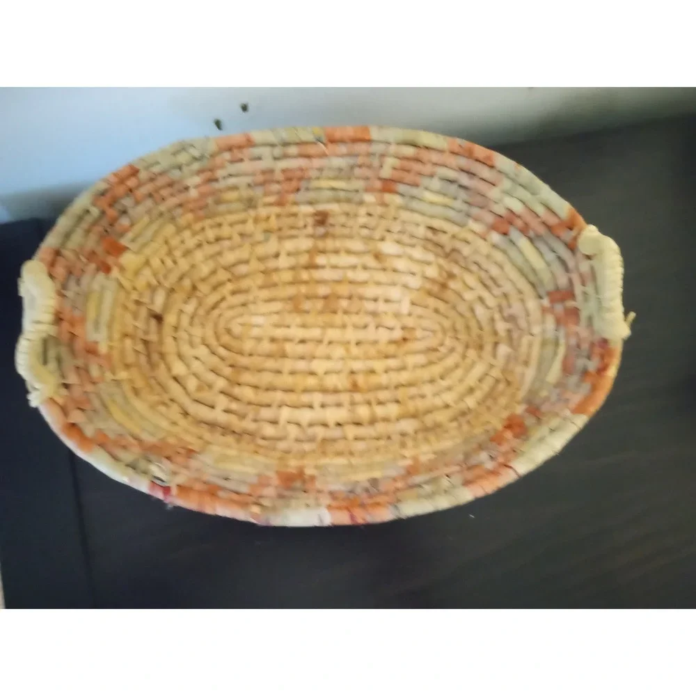 Woven Straw Oval Basket with‎ Handles Natural Orange Green Boho Decor